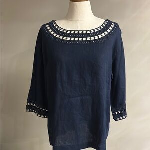 J. Jill love linen navy blue 3/4 Sleeve Blouse crochet trim relaxed fit boxy M
